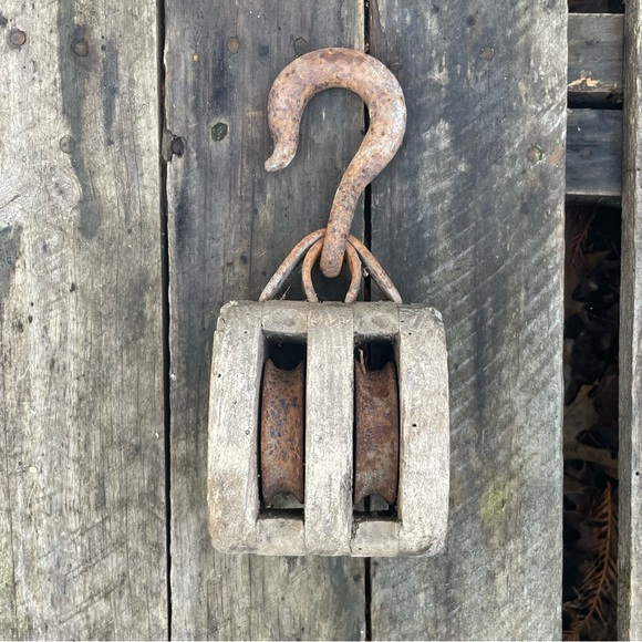 Very Vintage Rustic Wood Iron Block & Tackle Pulley Primitive - Picture 12 of 13